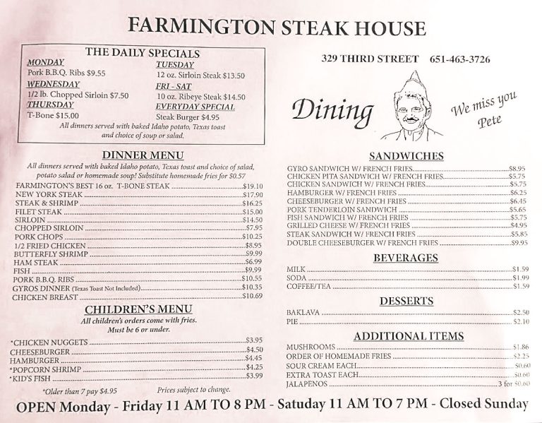 Farmington Steak House Menu (Updated November 2023)